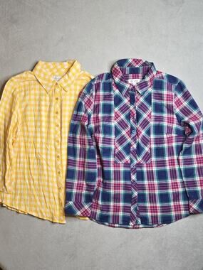 Lot of 2 Denim & Co Women's Plaid Button Down Shirts Casual Long Sleeve Blouse